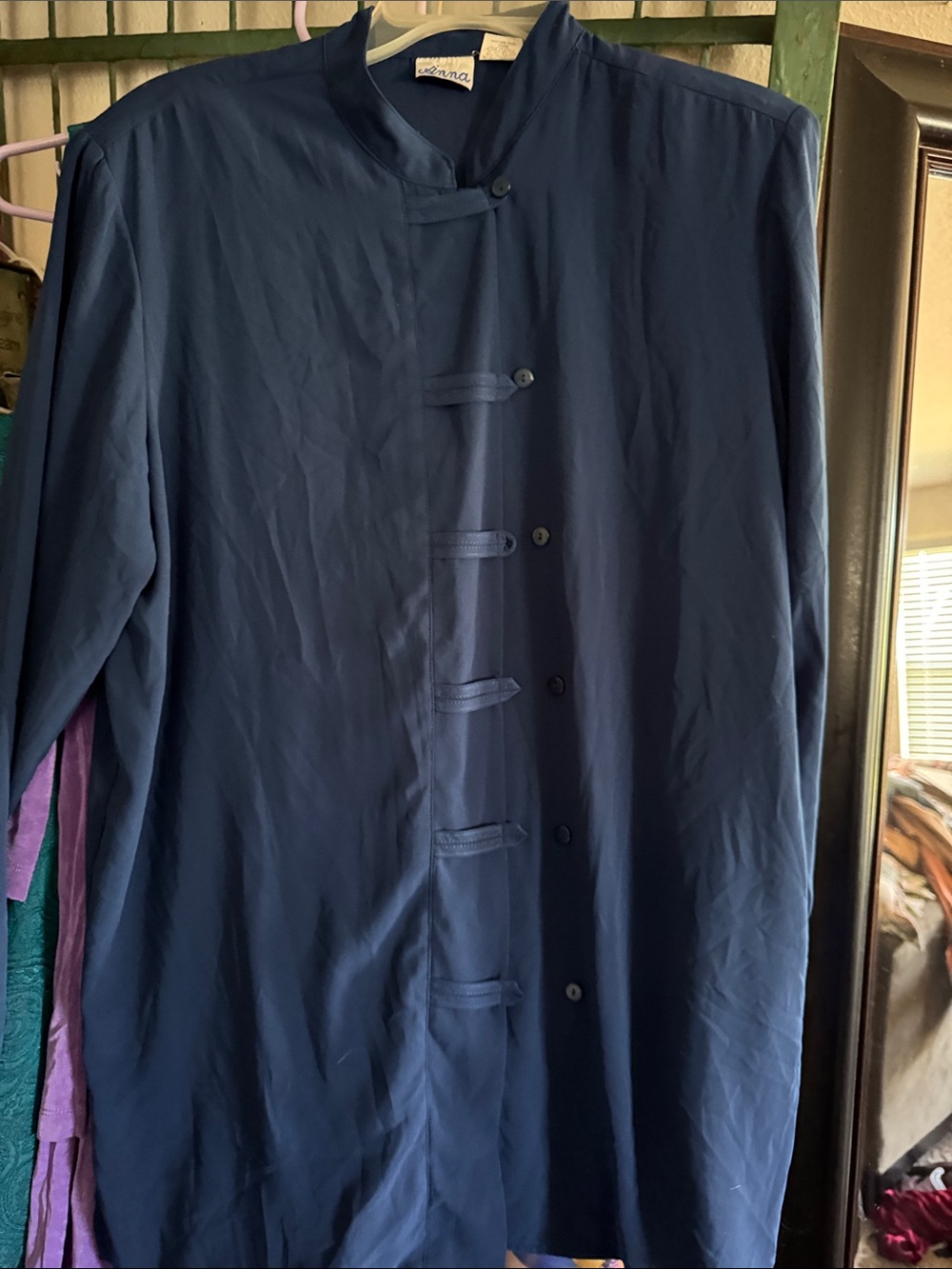 Anna Navy Mandarin-Collar Trench Coat with Frog Buttons